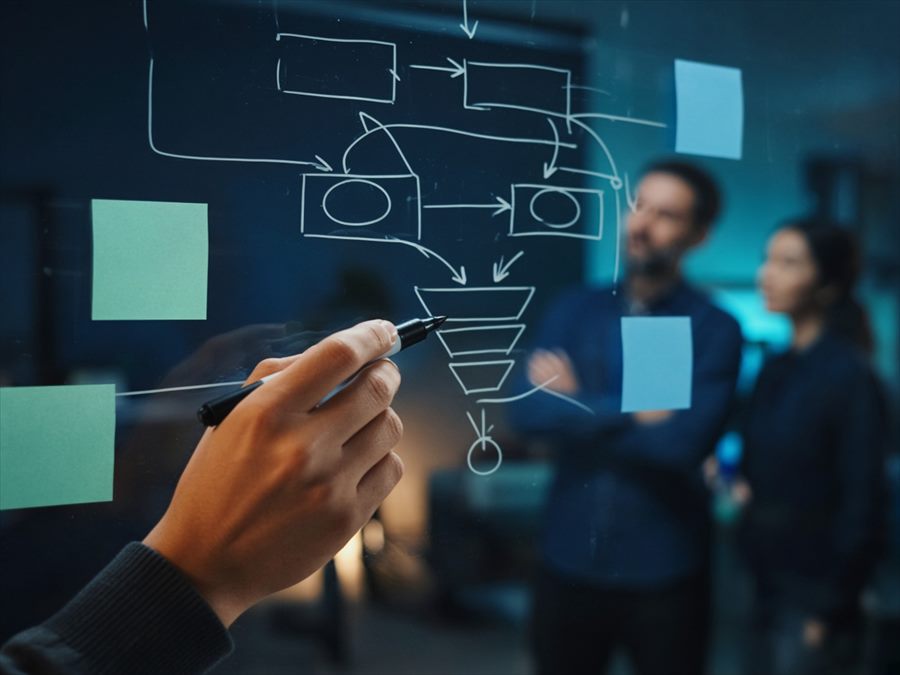Consultant mapping a funnel on a glass wall during a planning session