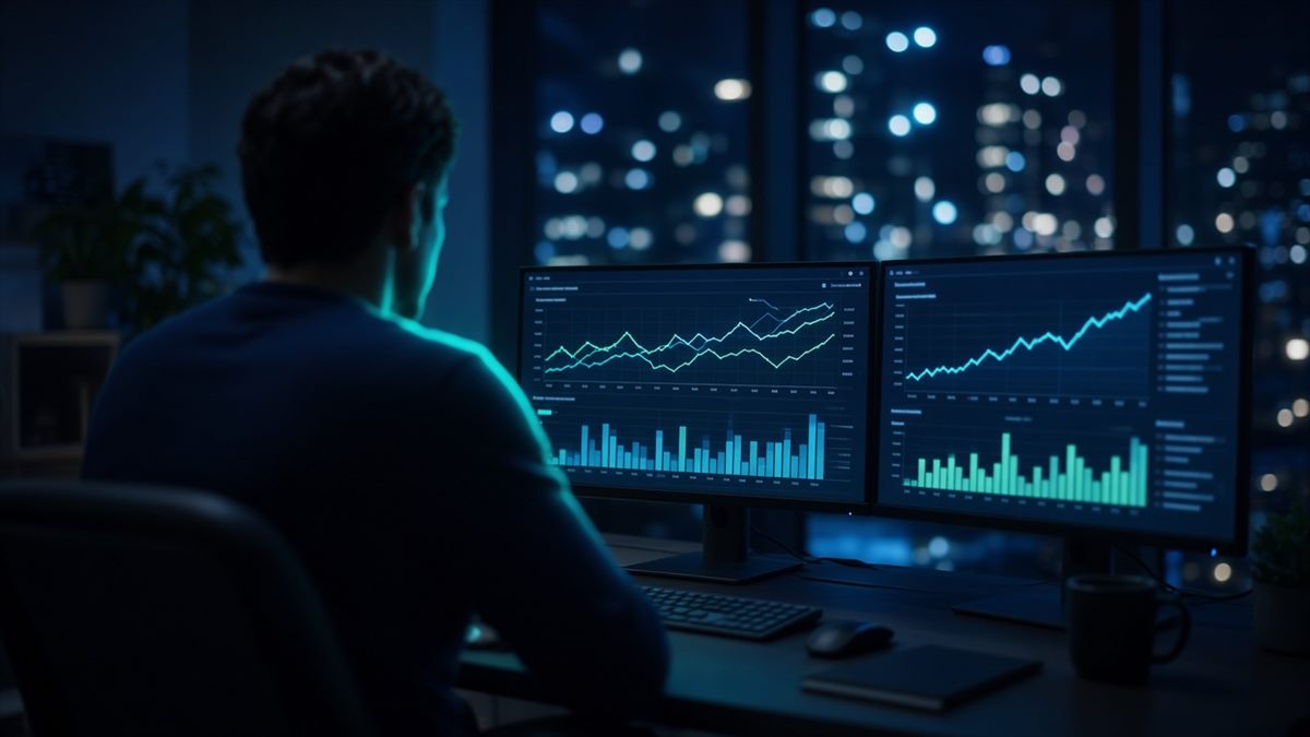 Marketing analyst reviewing campaign performance charts on two monitors in a dark office