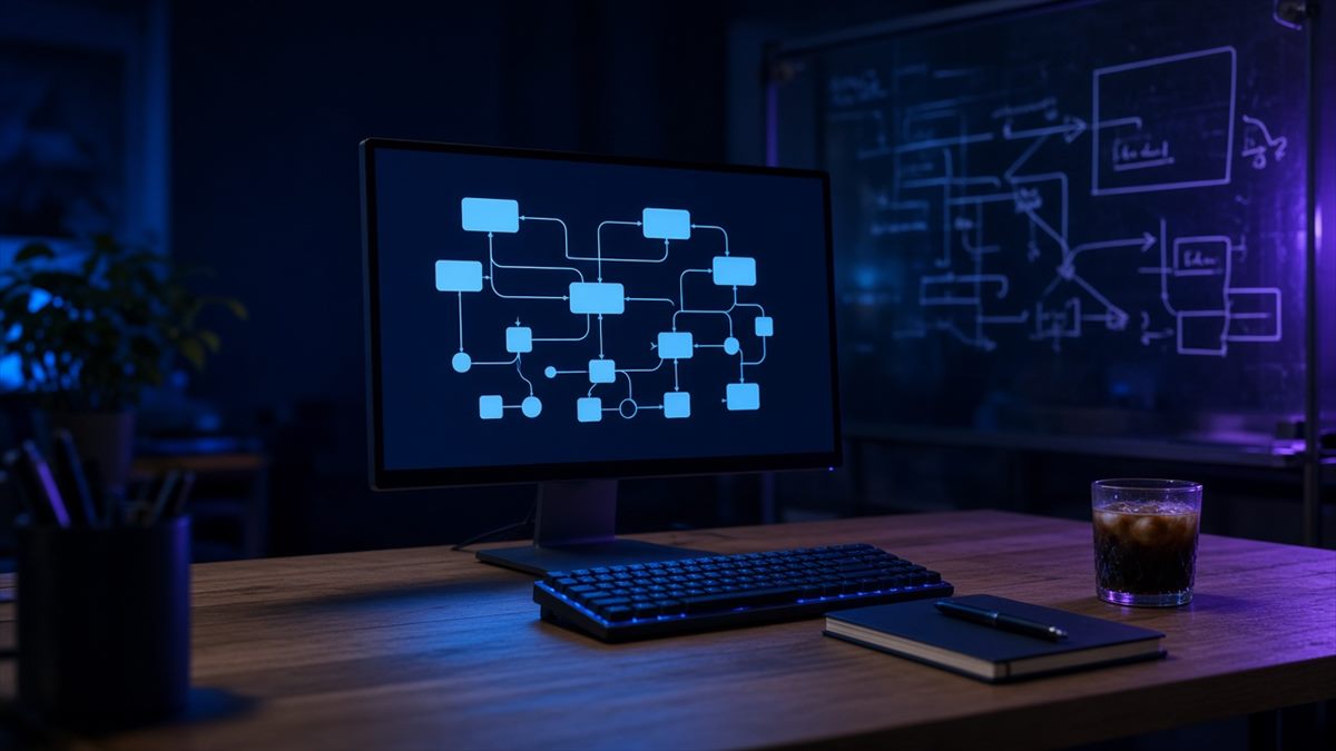 Site architecture diagram on a monitor beside a glass wall covered in structural sketches