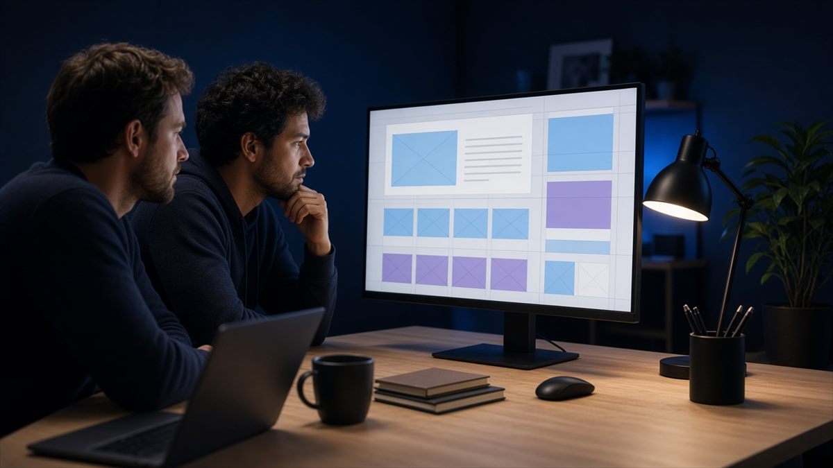 Two developers reviewing a page layout grid on a large monitor in a studio